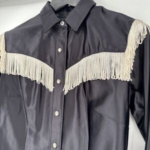 VTG H Bar C California Ranchwear Black Fringe Shirt Size 34 Long Tail Pearl Snap